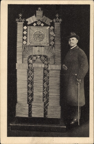 Postcard art clock made of straw, Aug. Lehrke, railwayman from Goslar Harz