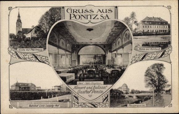 Ak Ponitz in Thüringen, Kirche, Pfarrhaus, Mühlteich, Konzert- und Ballsaal, Bahnhof, Mühle