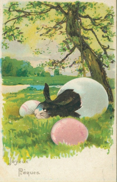 Glitter Chromo-Litho Happy Easter, Easter Bunny, Easter Eggs, Meadow