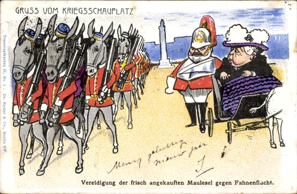 Boer War caricature, swearing in the mules against desertion, Queen Victoria