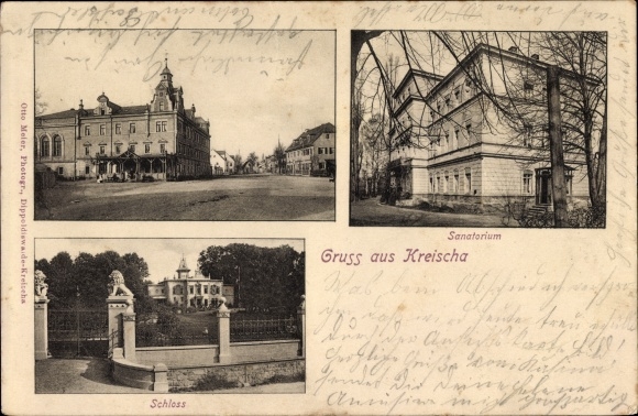 Postcard Kreischa in the Ore Mountains, sanatorium, castle, street section