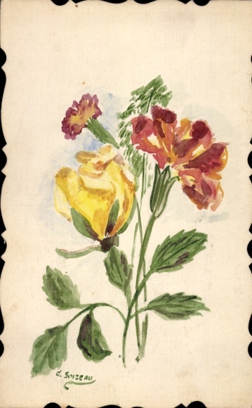 Artist Postcard Yellow Rose, Carnations