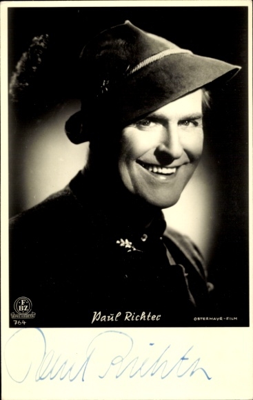 Postcard actor Paul Richter, portrait, autograph, hat