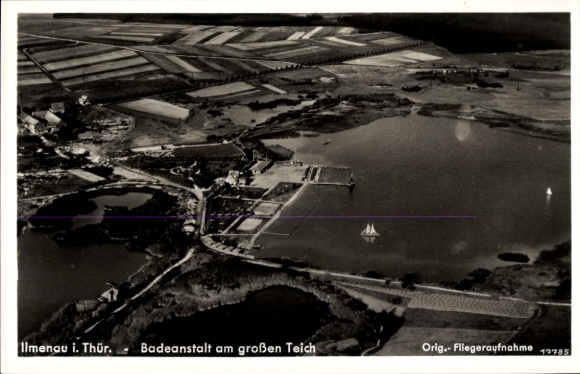 Postcard Ilmenau in Thuringia, aerial photograph of the bathing establishment at the large pond