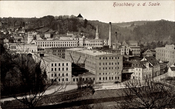 Postcard Hirschberg an der Saale, view of factories, buildings, mountains, old architecture