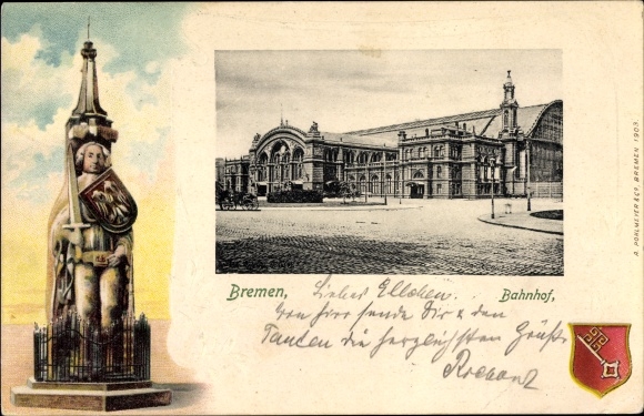 Präge Passepartout Ak Hansestadt Bremen, Bahnhof, Straßenseite, Roland, Wappen