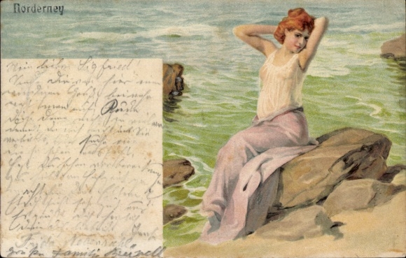 Chromo-Litho Norderney, woman on rocks on the beach