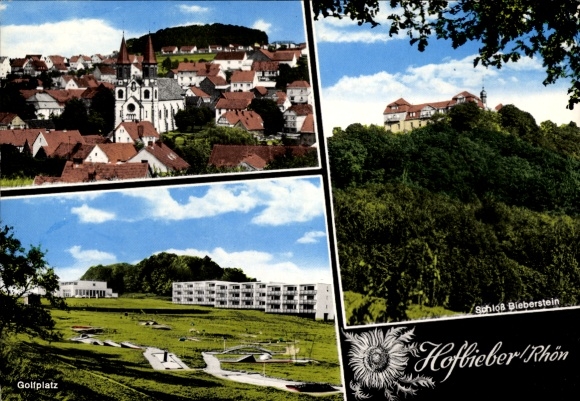 Postcard Hofbieber in the Rhön, panorama, golf course, Bieberstein Castle