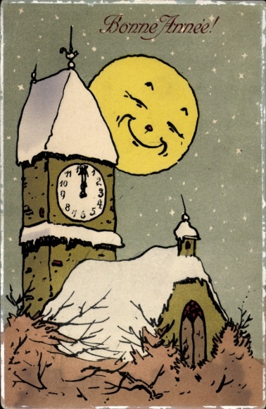 Happy New Year, clock tower, moon