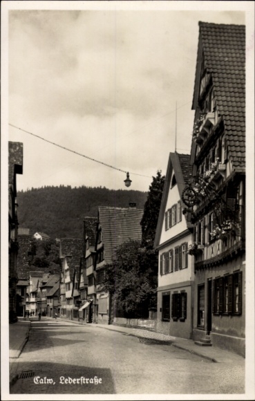 Postcard Calw in the Black Forest, Lederstraße, building, street view, clouds in the sky