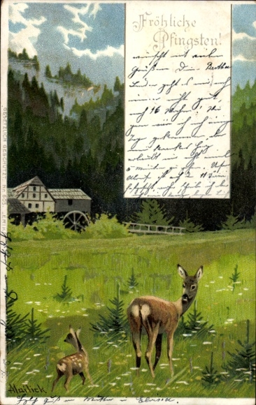 Künstler Litho Mailick, Reh mit Kitz, Wassermühle