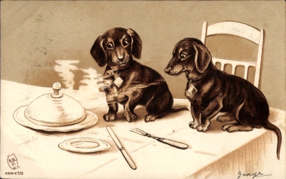 Embossed Chromo-Litho Two dachshunds on a laid table sniffing at the food