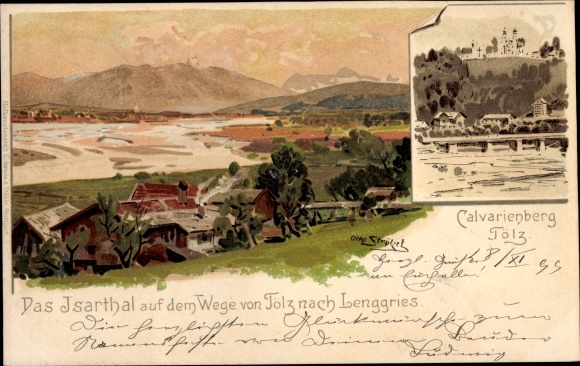 Artist Chromo-Litho Stützel, Otto, Bad Tölz in the Isar valley Upper Bavaria, Calvary, Isar valley to Lenggries