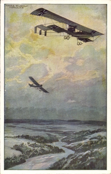 Artist Postcard Schulze, Hans Rudolf, Military biplane on reconnaissance mission over the Argonne Forest