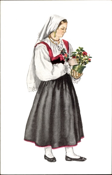 Postcard Croatian costume, woman in folk costume, flowers