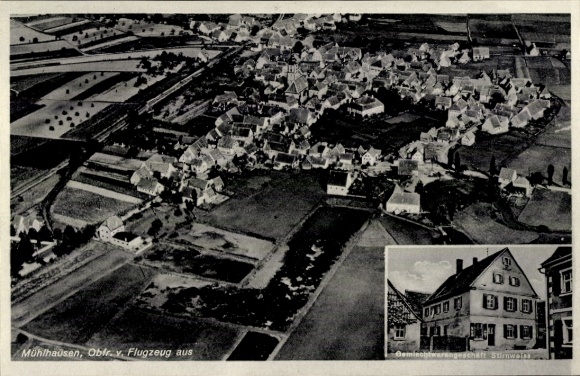 Postcard Mühlhausen in Upper Franconia Middle Franconia, aerial photograph, general store Stirnweiss