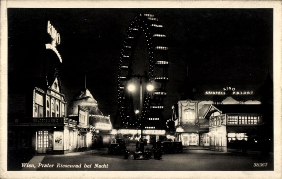 Ak Wien 2. Leopoldstadt, Prater Riesenrad bei Nacht, Kino Kristall-Palast