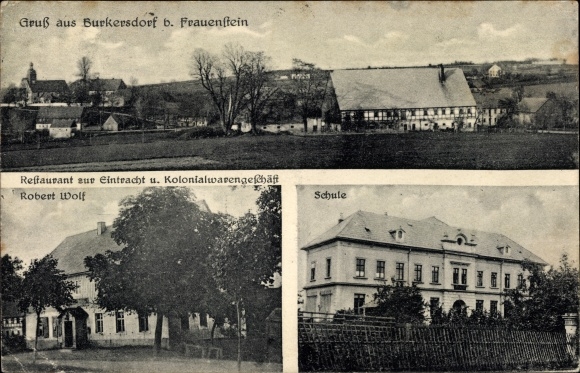 Ak Burkersdorf Frauenstein im Erzgebirge, Restaurant zur Eintracht und Kolonialwarengeschäft, Schule