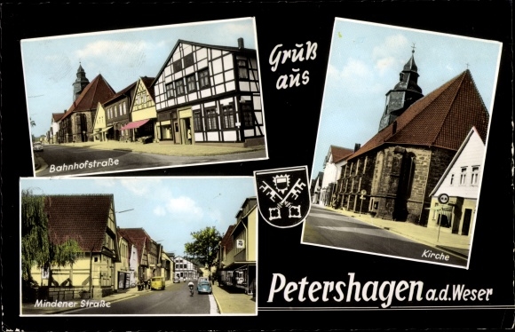 PC Petershagen an der Weser, coat of arms, church, Mindener Strasse, Bahnhofstrasse, half-timbered house