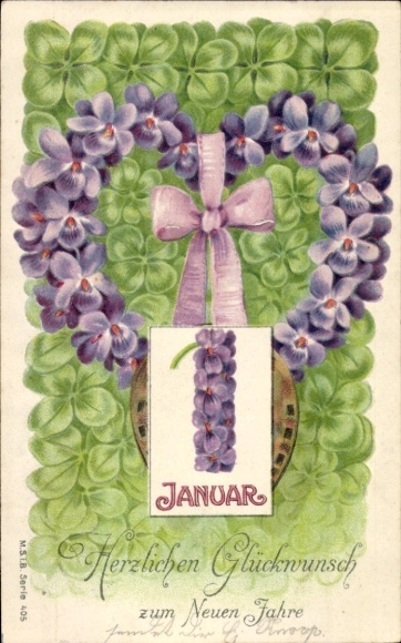 Embossed Chromo-Litho Congratulations New Year, Calendar, Lucky Clover, Violet
