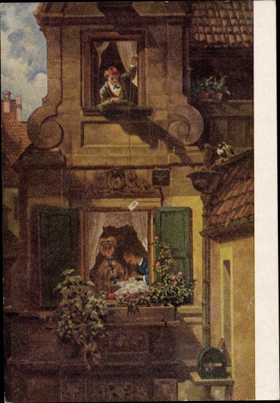 Artist Postcard Spitzweg, C., The Love Letter, Love, Cupid, Surprise