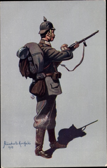 Kunstenaar ansichtkaart Lüschwitz Koreffski, A., Duitse soldaat, infanterist van het 4e Guards Regiment te voet Berlijn