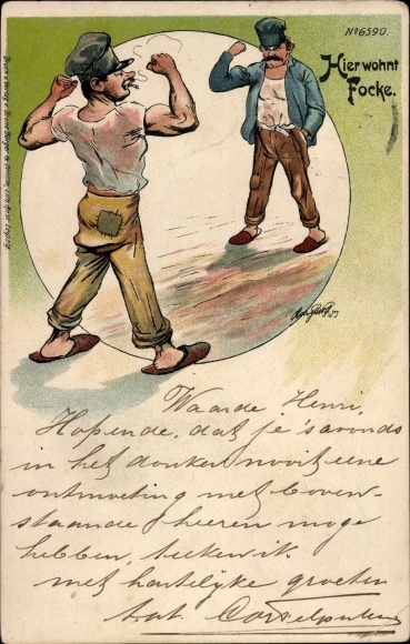 Artist Chromo-Litho Focke lives here, two men about to fight