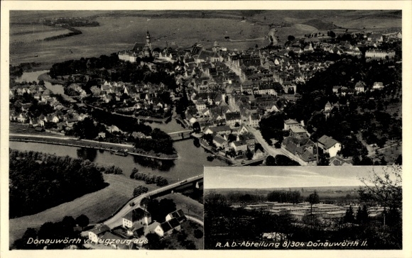 Postcard Donauwörth in Swabia Bavaria, RAD-Abteilung 8/304 Donauwörth II., aerial photograph