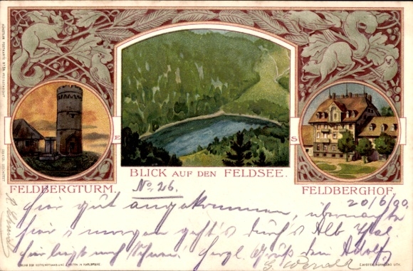 Art Nouveau litho Feldberg in the Black Forest, Feldberg tower, Feldberghof, Feldsee, squirrel