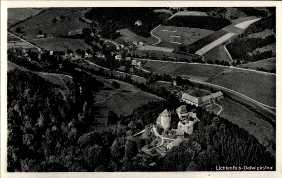 Postcard Lichtenfels Dalwigksthal, aerial photograph, Zur Waldeckischen Schweiz, H. Emde
