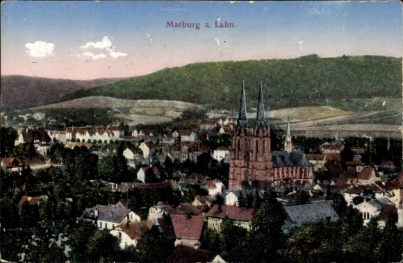 Postcard Marburg an der Lahn, view of the town, church, forest, houses