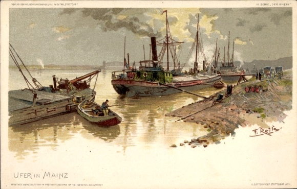 Artist Chromo-Litho Reiss, Mainz in Rhineland Palatinate, riverbank, ship and boats