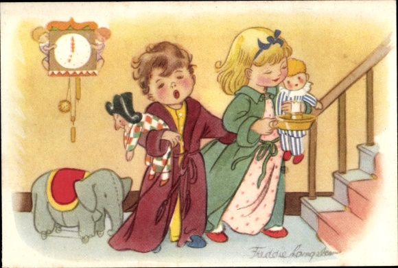 Artist PC Langeler, Freddy, girl brings boy to bed, dolls, plush elephant