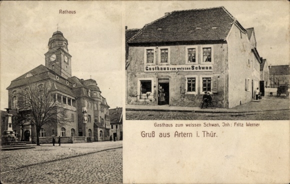 Ak Artern an der Unstrut, Rathaus, Gasthaus zum weißen Schwan