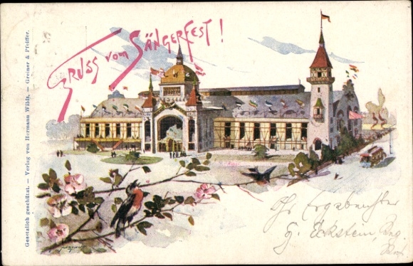 Postwaardekaart Stuttgart in Württemberg, groeten van het zangfestival, festivalzaal, tram, roodborstje