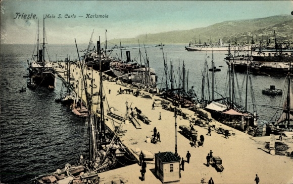Ak Triest Trieste Friuli Venezia Giulia, Molo San Carlo, Hafen, Dampfschiffe, Fischerboote