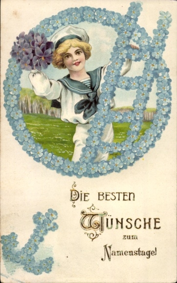 Embossed Chromo-Litho Congratulations on your name day, boy in sailor uniform, ladder, anchor, forget-me-not