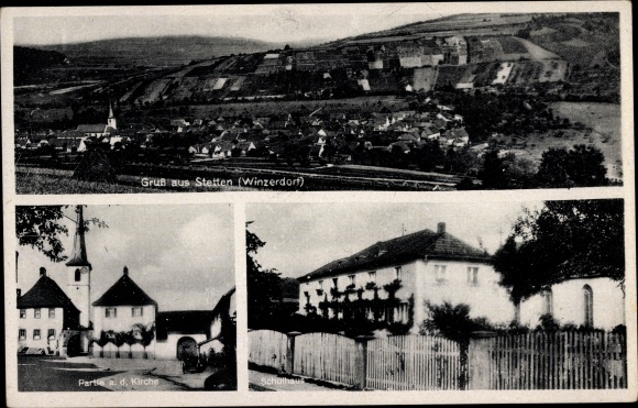 Postcard Stetten Karlstadt am Main Unterfranken, view of the town, school building, church