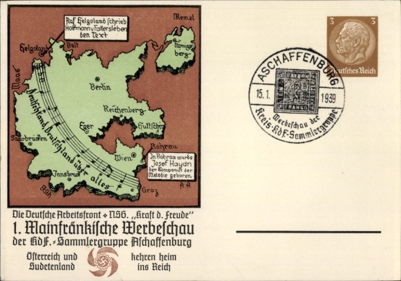 KP z artykułami pocztowymi Aschaffenburg, 1. Mainfränkische Werbeschau 1939, grupa kolekcjonerska KdF, Deutschlandlied