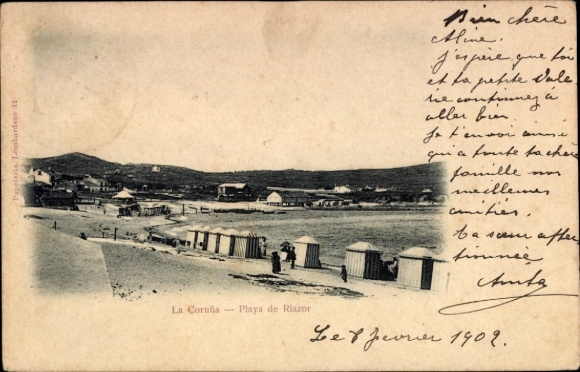KP La Coruña Galicia, Playa de Riazor, plaża, chaty kąpielowe, z 1902 r.