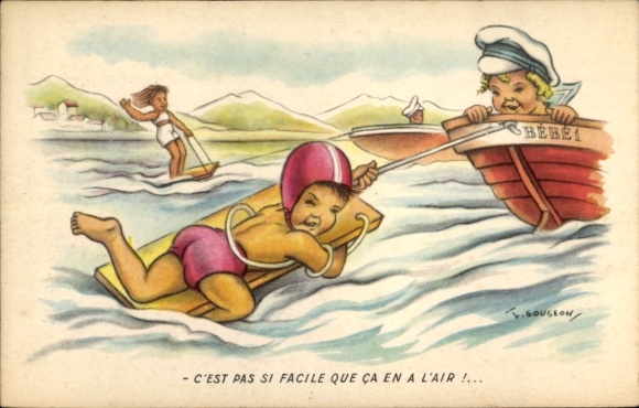 Artist Postcard Gougeon, Girl waterskiing, boy with swimming cap