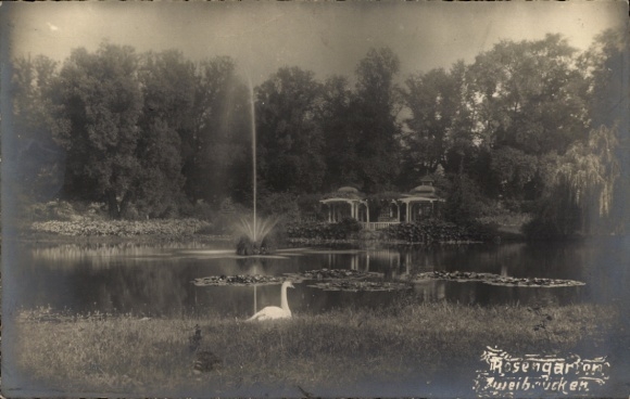 Picture of Zweibrücken in the Palatinate, rose garden, swans, fountain, pavilion, idyllic landscape