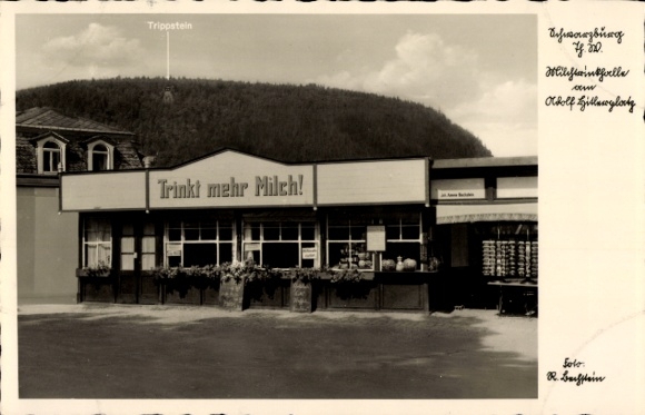 Postcard Schwarzburg in Thuringia. Milk drinking hall at Adolf Hitler Platz, Trippstein