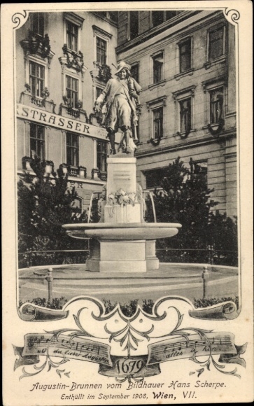 Postcard Vienna 7 new building, Augustin Brunnen