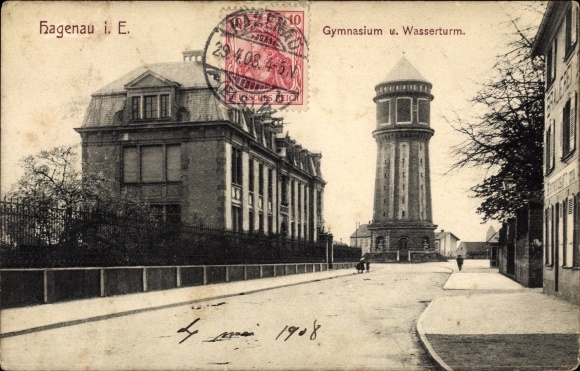 Postcard Haguenau Haguenau in Alsace Bas Rhin, high school and water tower