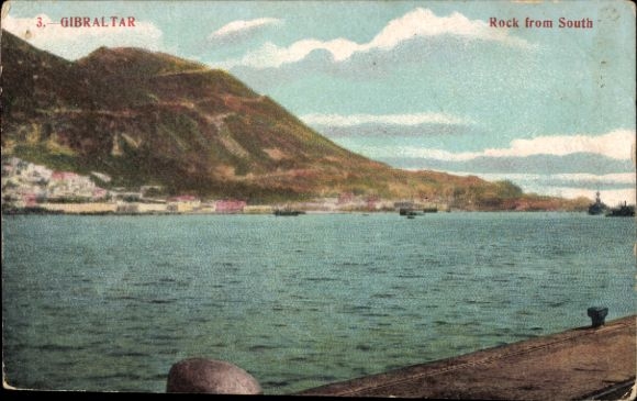 Gibraltar, Rots vanaf het zuiden, haven, schepen, kustlandschap