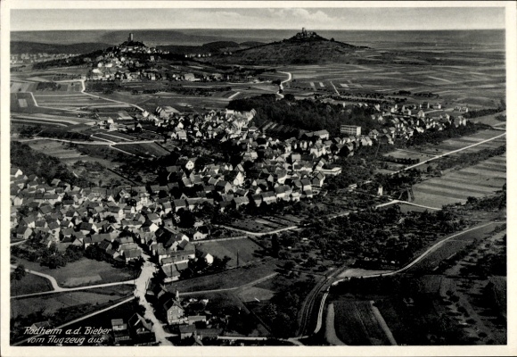 Postcard Rodheim Bieber Biebertal in Hesse, aerial view of Rodheim, predominantly rural scenery,