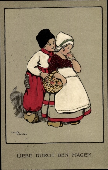 Künstler Ak Parkinson, Ethel, Liebe durch den Magen, Junge und Mädchen in niederländischer Tracht