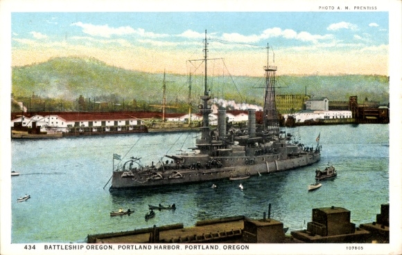 Postcard Portland Oregon USA, Battleship Oregon, Port of Portland, ships, water, landscape