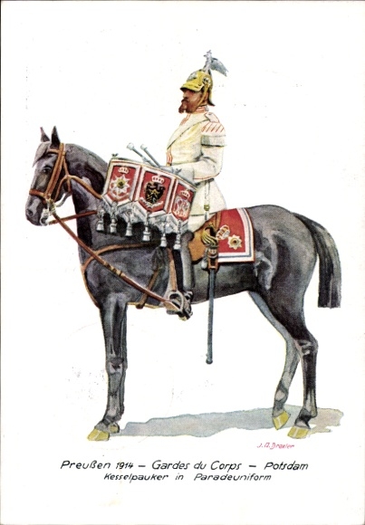 Artist Postcard Prussia 1914, Gardes du Corps, Kettledrum player in parade uniform, Stamp Day 1943